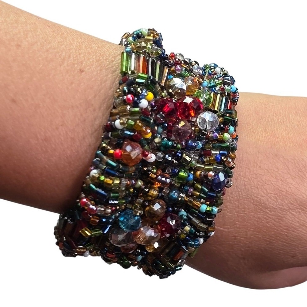 Multicolor Beaded Cuff Bracelet Wide Artisan Seed Bead Crystal Snap Closure 7.5